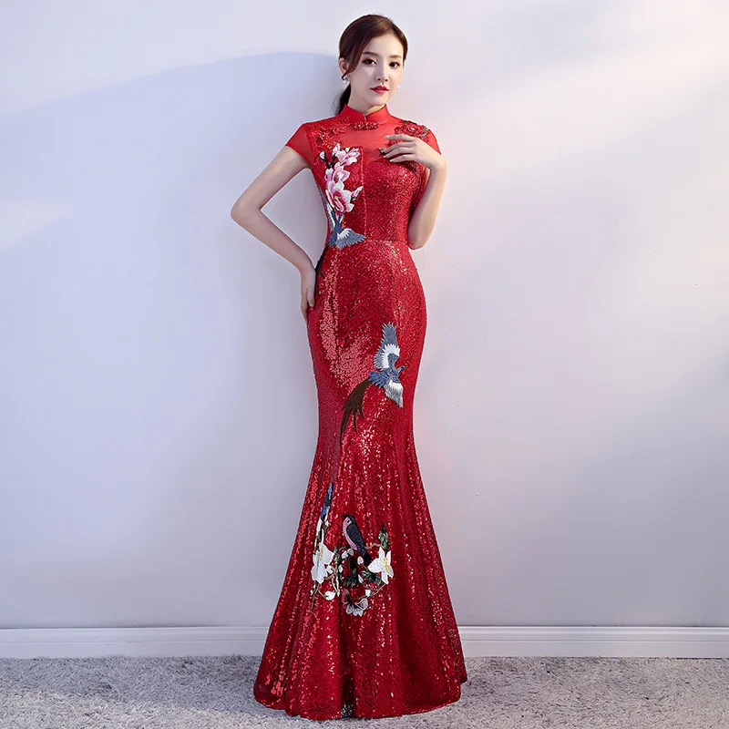 Красное женское вечернее Ципао длиной до щиколотки свадебное платье элегантное
