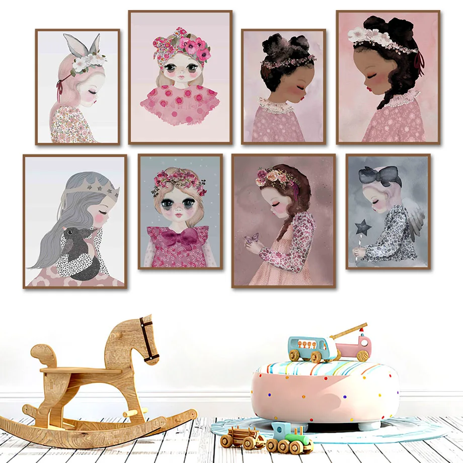 

Watercolor Girl Flower Princess Wing Cartoon Wall Art Canvas Painting Nordic Posters And Prints Wall Pictures Child Room Decor