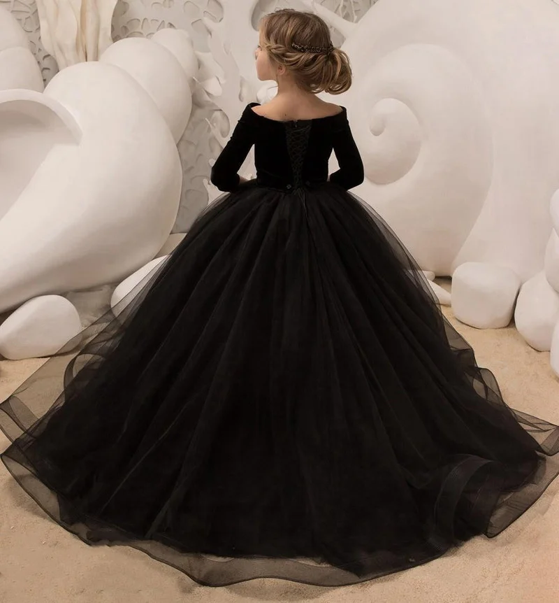 

Black Flower Girl Dresses for Wedding V-Neck Tulle First Communion Dresses Sequined Ball Gown Kids Wedding Party Dresses