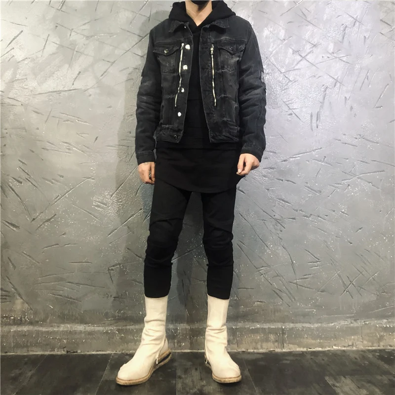 

Fashion Streetwear Designer Men Jackets High Quality Black Color Patchwork Ripped Denim Punk Coats Hip Hop Biker Chaqueta Hombre