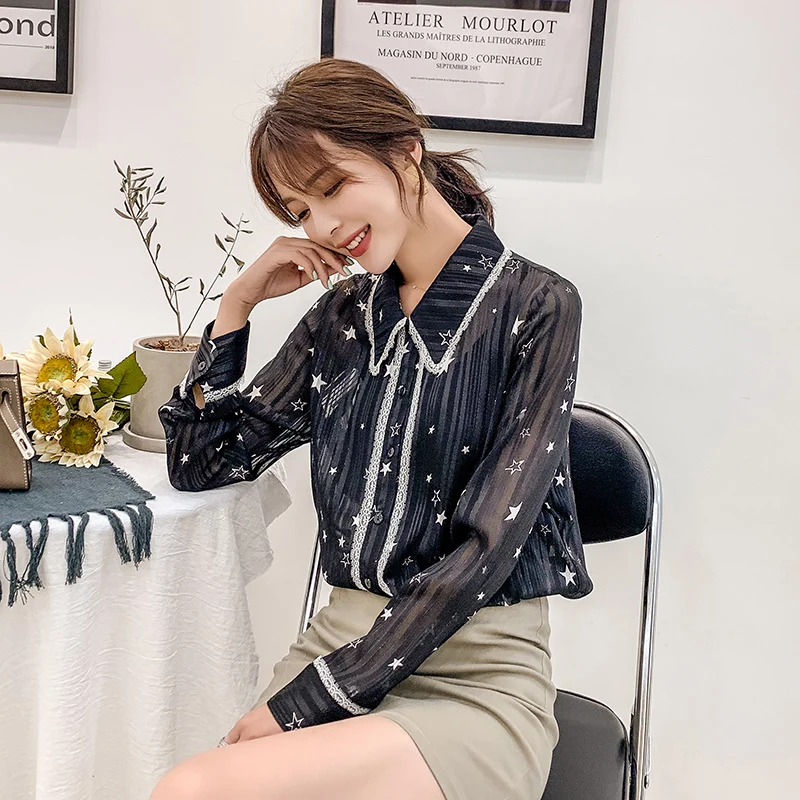 Женская шифоновая блузка с длинным рукавом и воротником Питер Пэн|Блузки| |