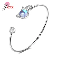 high quality 925 sterling silver lovely cat bracelets for women girl birthday gift jewelry artificial moonstone bangle