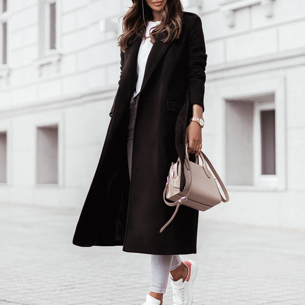 

Women Woolen Coat Warm Long Coats Autumn Winter Female Large Size Lapel Wool Blend Streetwear Overcoat Belt Up Outerwear Pocket