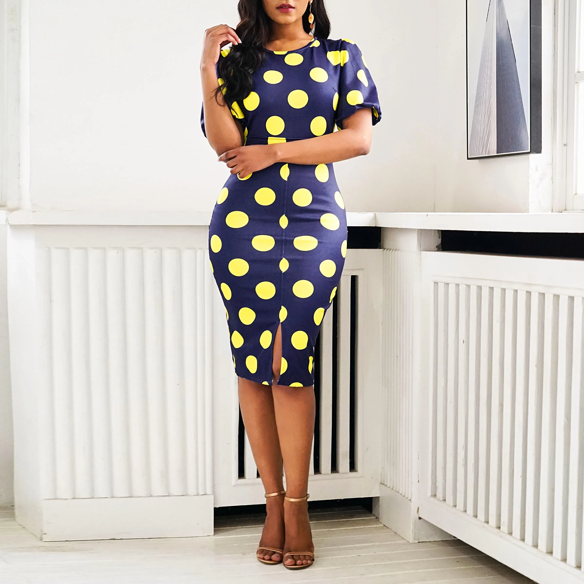 Женское облегающее платье в горошек с разрезом синие Коктейльные Вечерние