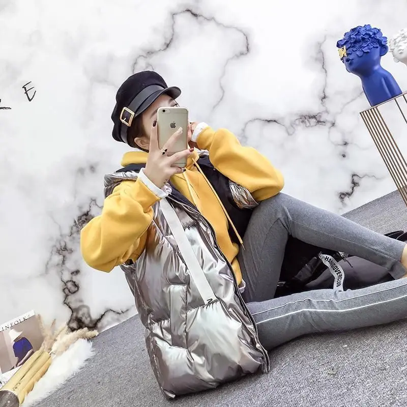 2020 Autumn Winter New Style Korean-style Thick Bright Surface Cotton Vest Student Loose Hooded Parka Gilet Coat | Женская одежда