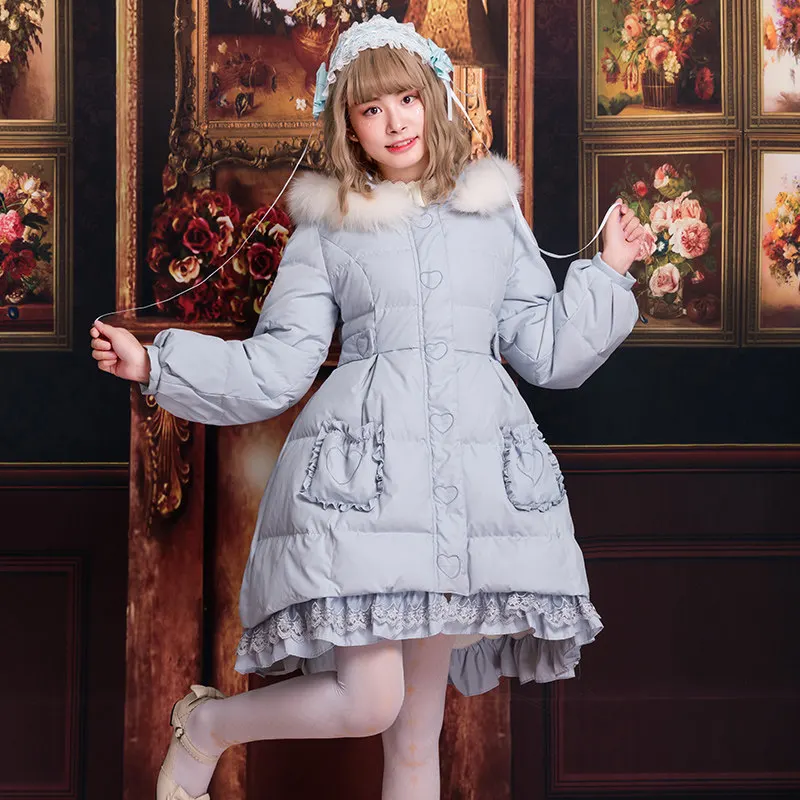 Japanese lolita down jacket sweet lace pockets fur collar gothic lolita outwear girl loli cos white duck down kawaii clothing