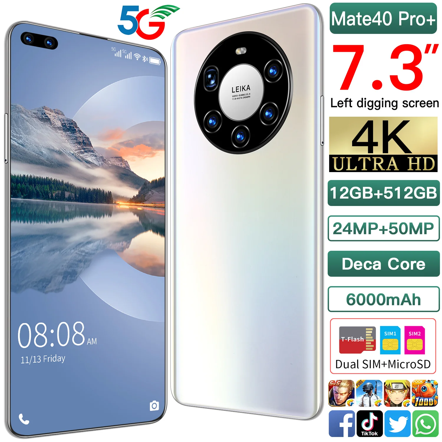 

Huavei Smartphone Mate40 Pro Global Version 6000mAh Battery 7.3 Inch Screen 24MP 50MP Camera Face ID 12GB 512GB Snapdragon 888