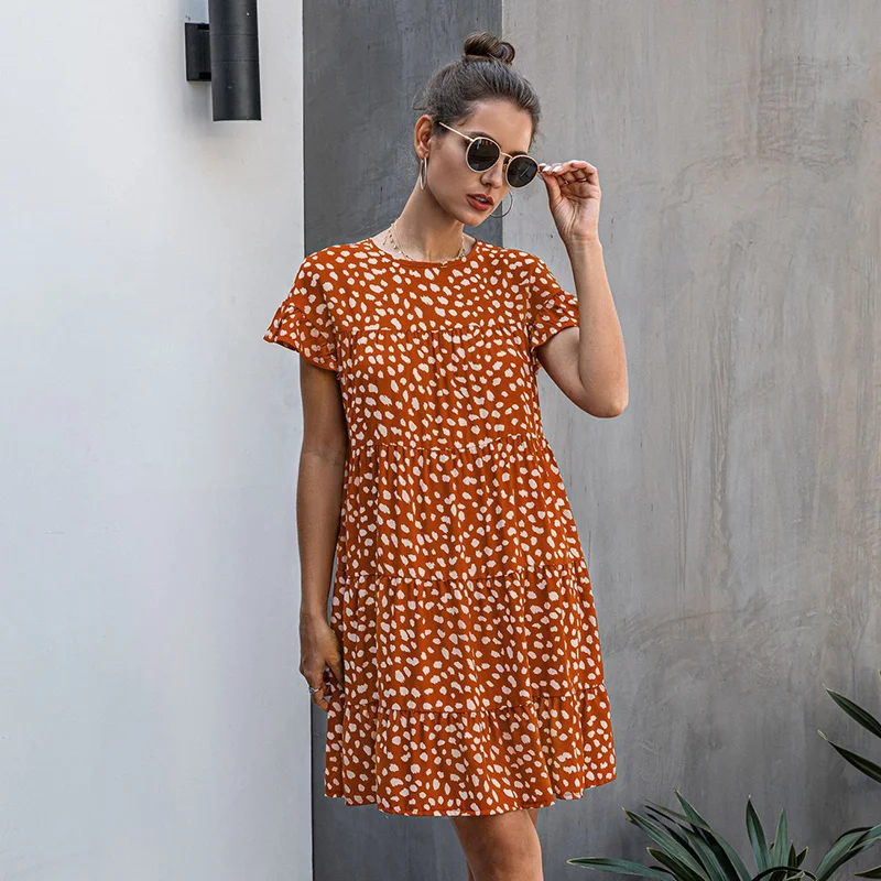 

Summer Ladies Casual Loose Floral Print Dress Women Fashion O Neck Short Sleeve Dress 2021 New