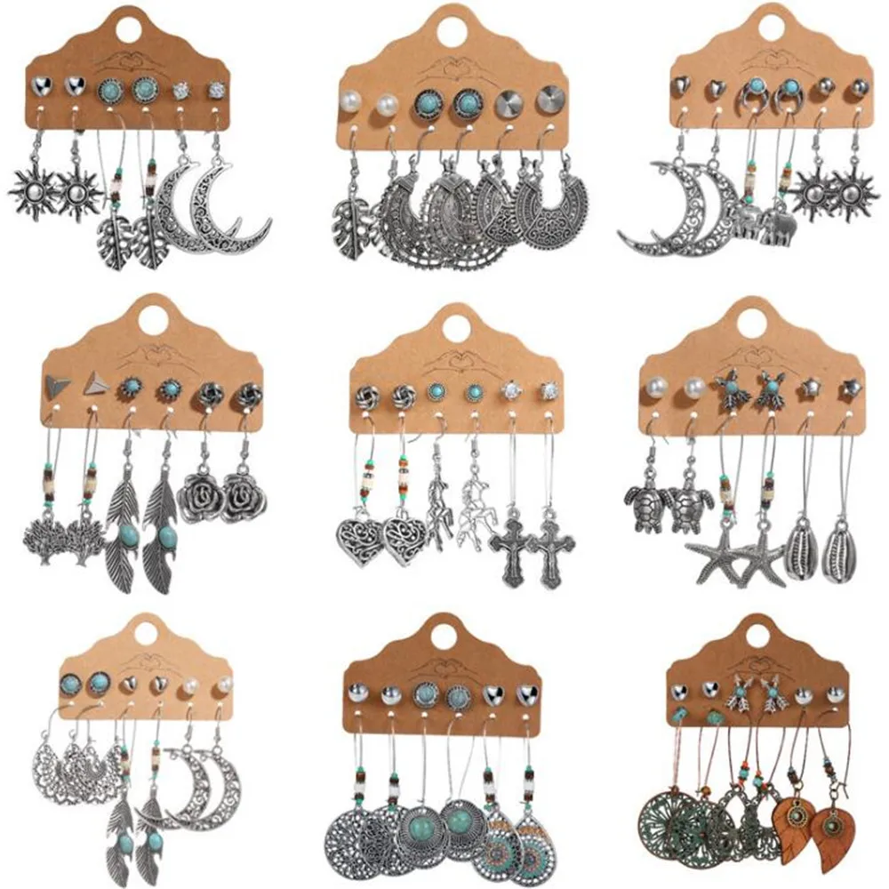 DIEZI Vintage Stud Earrings Set Women Girls New Brinco Sun Flower Moon Leaves Long Tassel Earring Ethnic Fashion Jewelry | Украшения и
