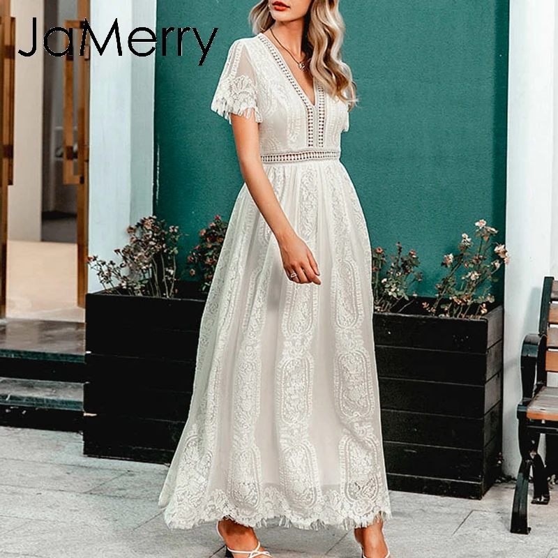 JaMerry винтажное женское сексуальное элегантное платье макси открытое белое
