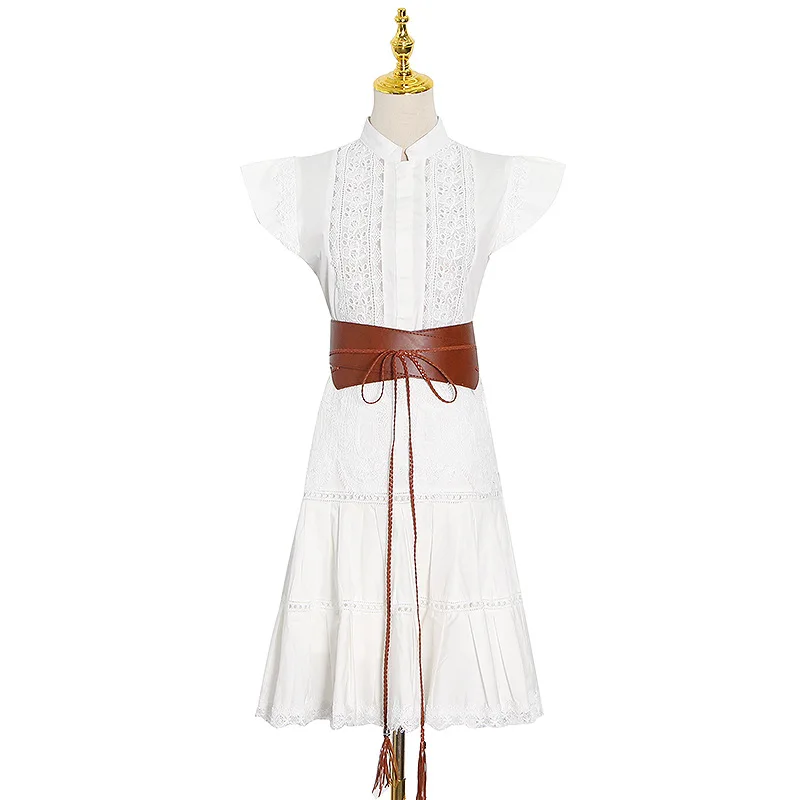 

Sleeveless Mosaic Lace High Waist Dress with Belt 83509