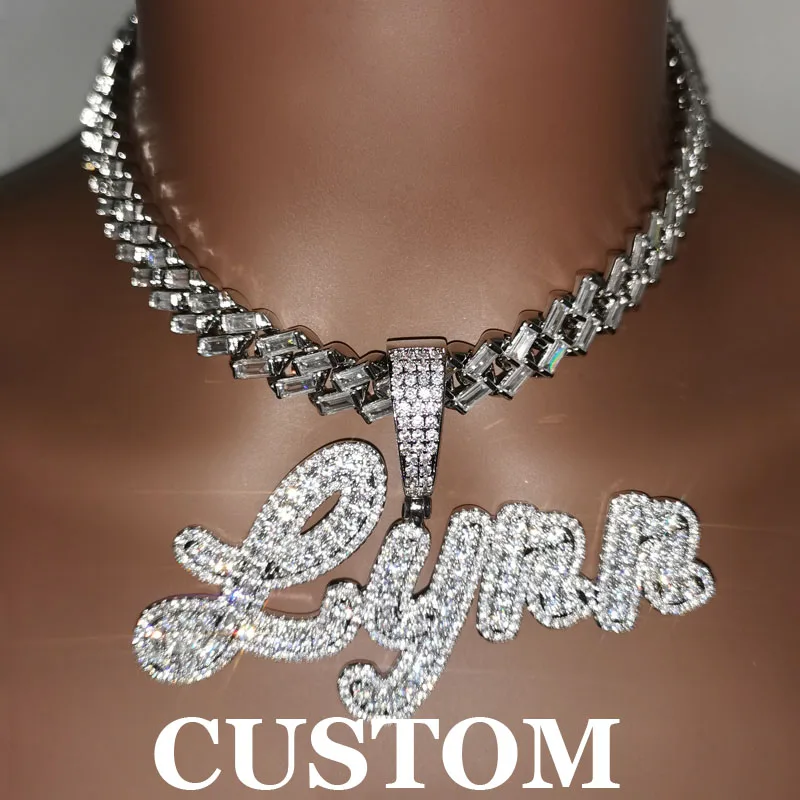 Customized Name Pendant with Iced Out 12mm Baguette Cuban Chain Square Cubic Zirconia Necklace for Women or Men Gift