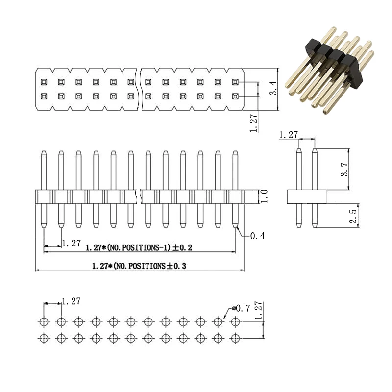 10Pcs PCB Double Row Pitch 1.27mm Pin Header Male Plug Straight Strip Breakaway 2x2~50Pin 1.27 mm Pinheader Board Connector |
