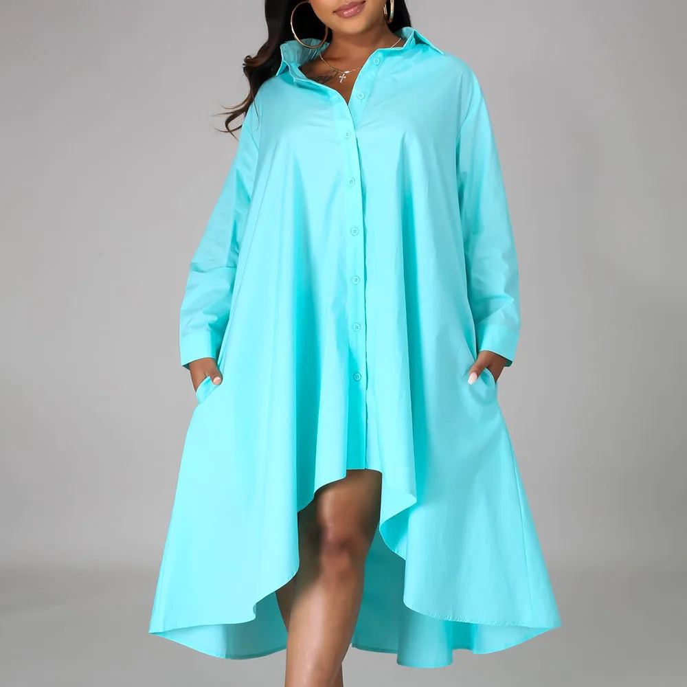 

African Women Casual Button Shirt Dress Oversize Fashion Long Sleeve Asymmetrical Loose Office Work Wear Spring Summer 2021