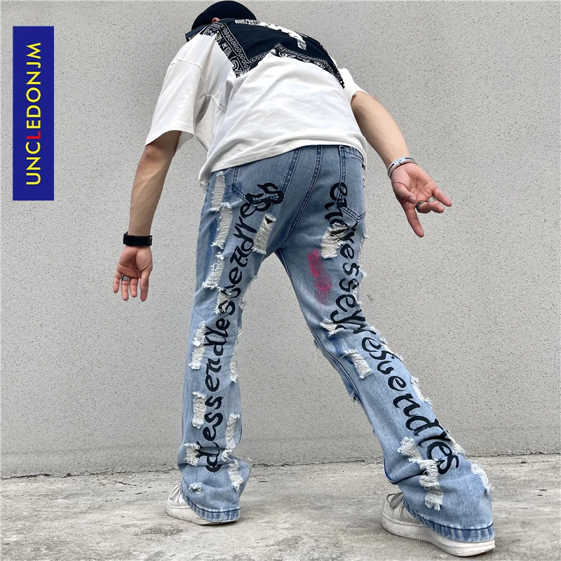 

UNCLEDONJM Distressed Flare Pants baggy jeans women men designer jeans for men ripped jeans punk pants graffiti jeans men