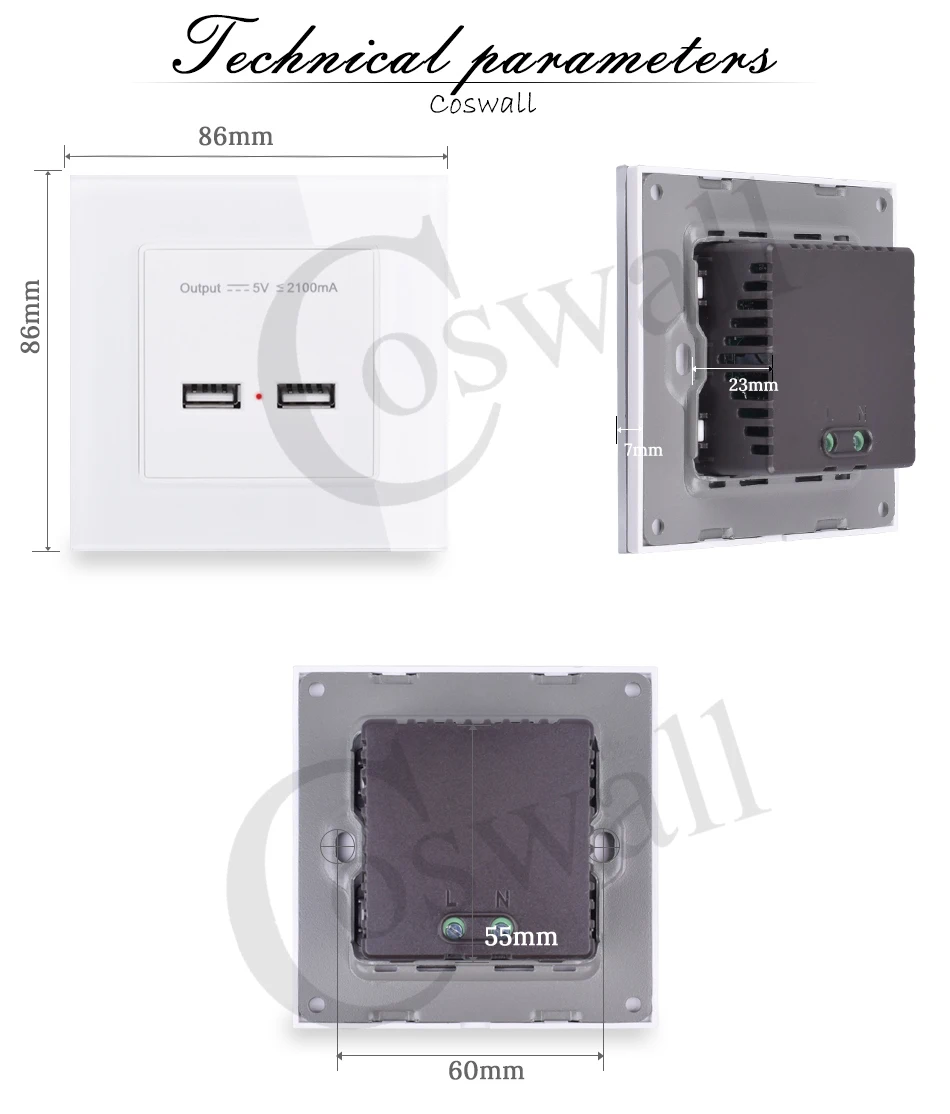 COSWALL настенная розетка с двумя usb-разъемами, умный индукционный зарядный порт для мобильного телефона 5 в 2,1 А, Выходная панель из закаленного стекла