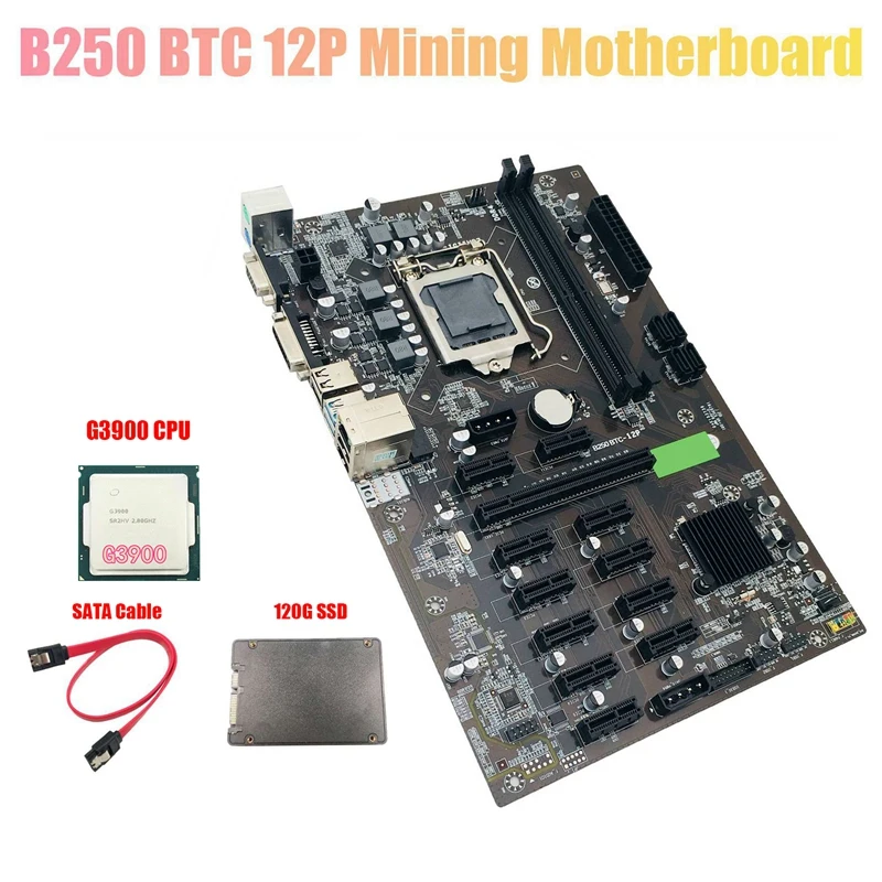 

Материнская плата для майнинга B250 BTC с ЦП G3900 + SSD 120 ГБ + кабель SATA поддерживает DDR4 LGA 1151 12 Слот для карт для майнинга BTC