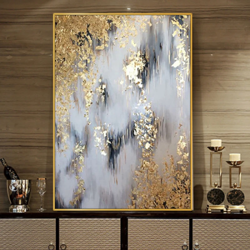 

Golden oil painting for living room, abstract wall art handmade image, golden tree, living room Abstract gold leaf oil painting