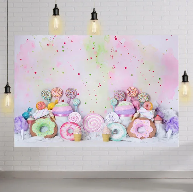 

Sweet Candy Kids Birthday Cake Smash Backdrops Donuts Lollipop Child Portrait Background Ice Cream Graffiti Wall Photo Studio