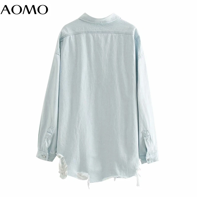 

AOMO Women boyfriend style blue denim jacket coats hole ripped 2020 new female oversized long coat 4M212A