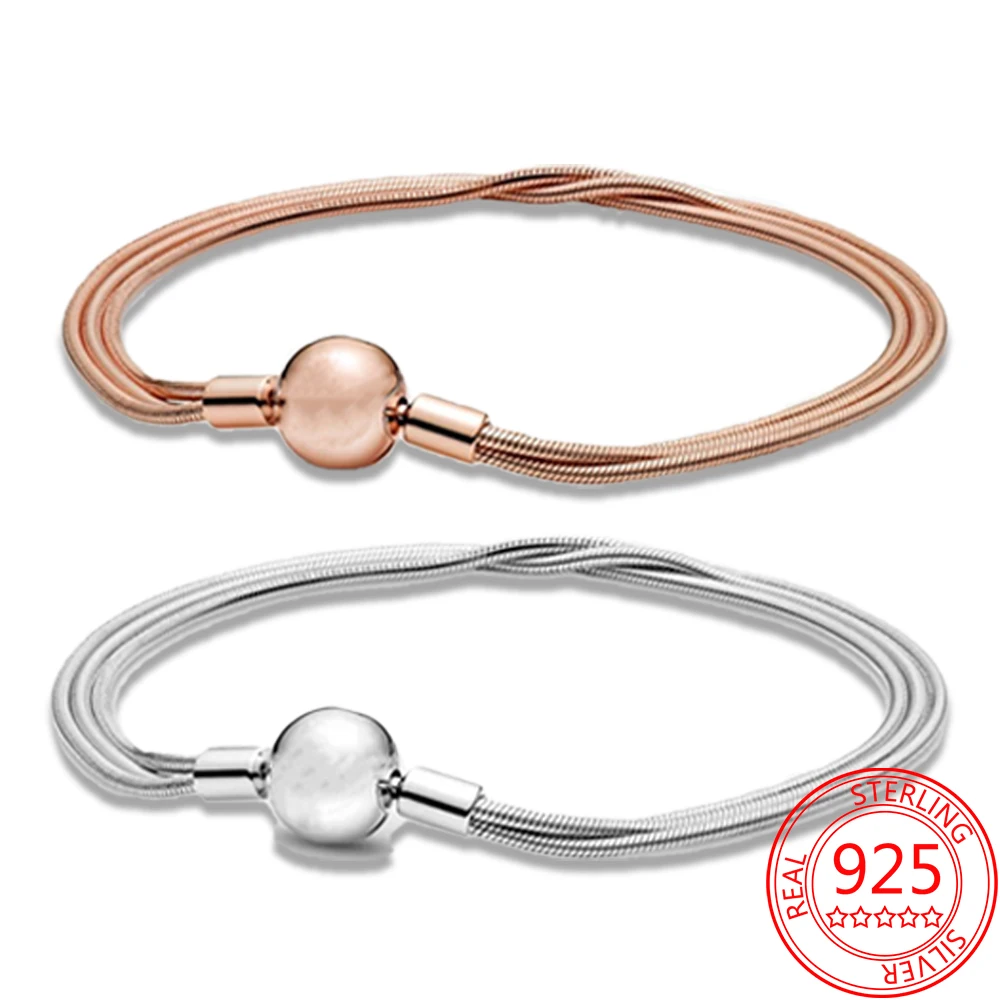 

New Bracelet 925 Sterling Silver Rose Round Buckle Multi Snake Chain Bracelet Gift Women Charm Rose Gold Bracelet DIY Jewelry