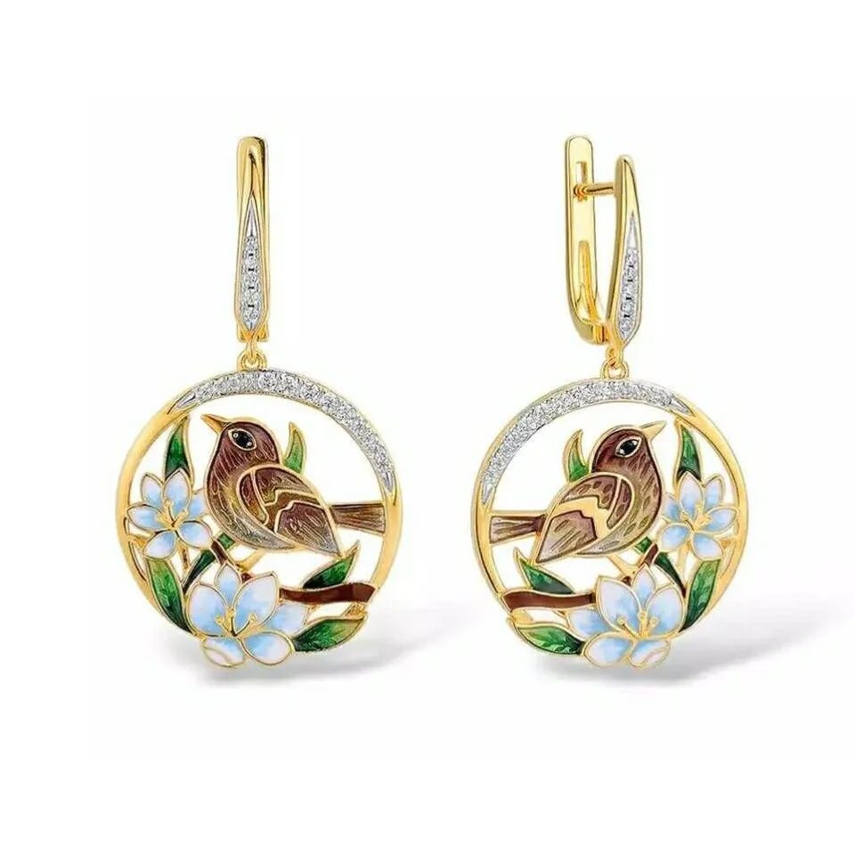 

Fashion Enamel Jewelry Sparrow Birds / Dragonfly Flower Design Drop Earrings Exquisite Elegant Long Earrings For Women Wedding