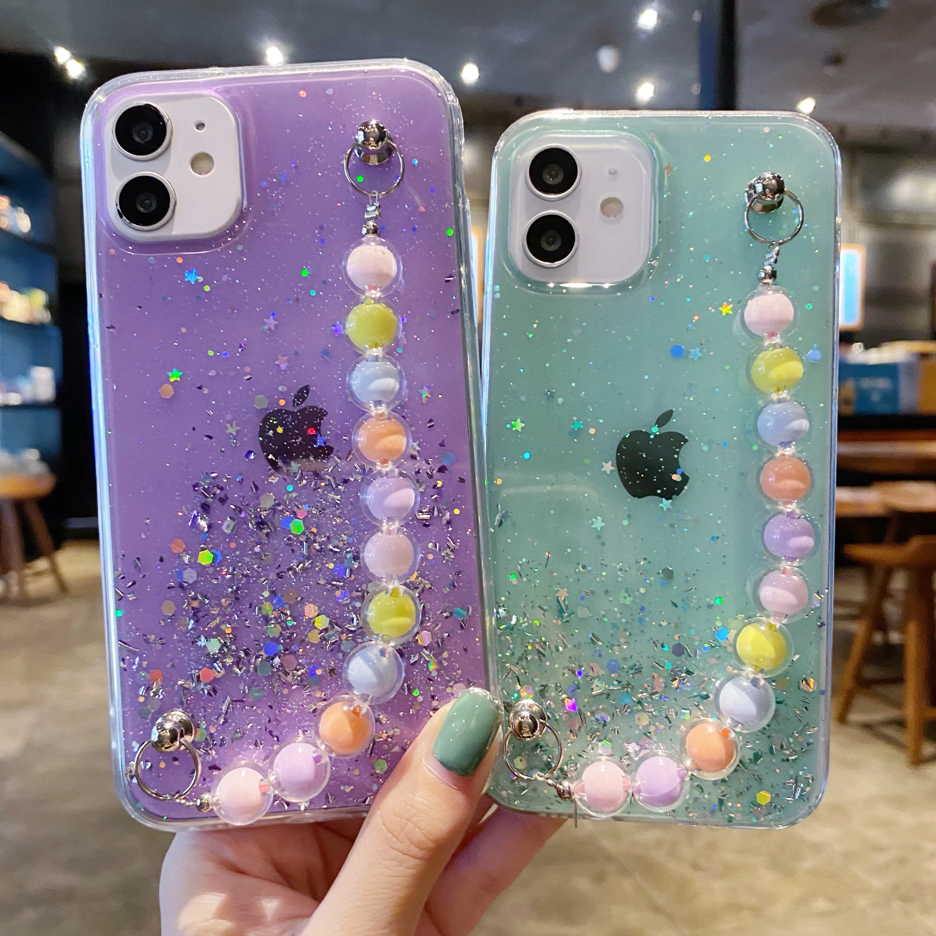

For iPhone SE 2020 6 7 8 Plus X XS XR 11 12 Pro Max Mini Color Bracelet Glossy Clear Soft Epoxy TPU Phone Case Back Cover Shell