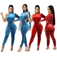 new arrival autumn women suit sexy solid color turtleneck irregul one shoulder long sleeves rivet tops trousers two piece set
