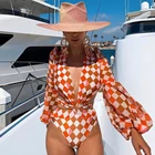 Женский слитный купальник, яркий клетчатый купальник с длинным рукавом, пляжная одежда, бикини с высокой талией, 2021