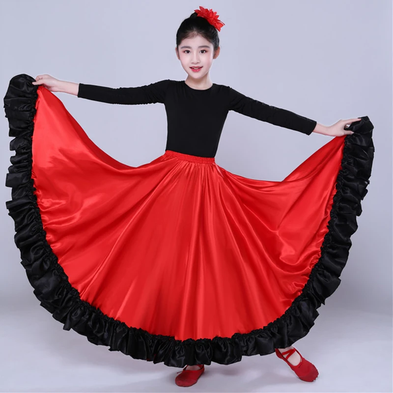 Gypsy Princess Girls Belly Dance Costumes Spanish Traditional Flamenco Skirt Satin Smooth Swing Skirt Dress DL5158