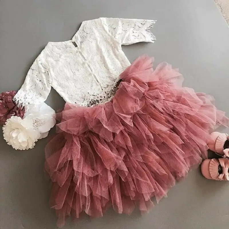 Комплект из 2 предметов для маленьких девочек кружевная Однотонная футболка с