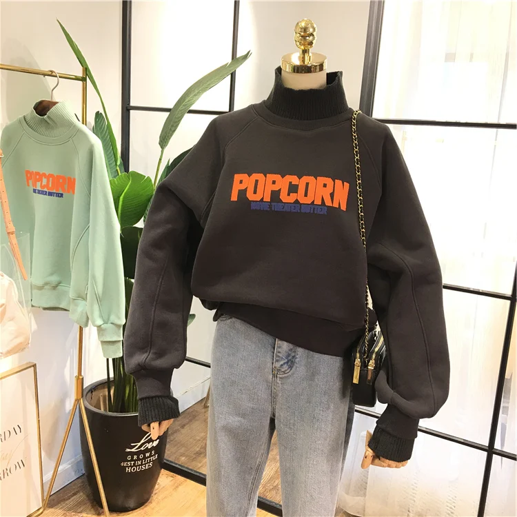 Korean Autumn New with Velvet Thick Hoodies Women High Collar Knit Spliced Loose Shirt Leisure Students Letter Sweatshirt Tops | Женская