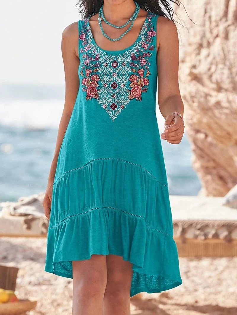

Lugentolo Summer Dress Women Plus Size Embroidered Sleeveless Round Neck Big Swing Vest Dress