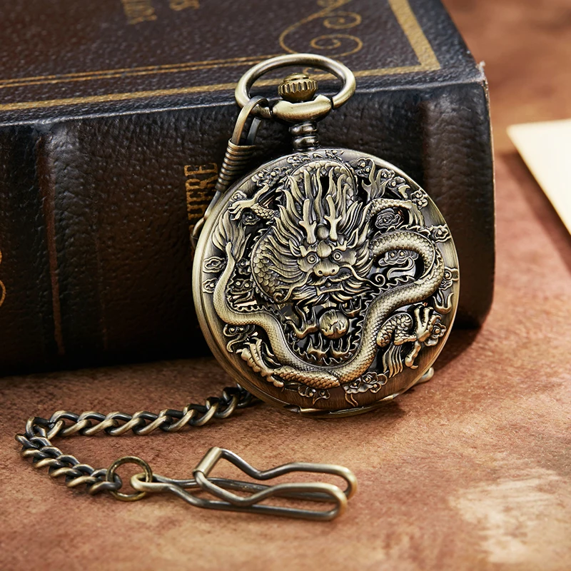 Roman Numeral Antique Mechanical Pocket Watch Old Dragon Steampunk Dual Open Skeleton Dial Fob Chain Clock for Men Dropshipping