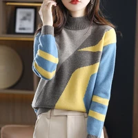 2021 womens pure wool sweater half turtleneck autumn and winter contrast color loose knit all match fashion womens short style