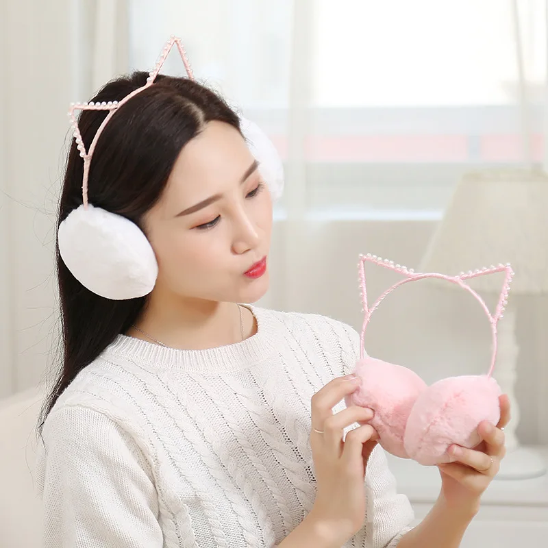 Милые плюшевые наушники Стразы с кошачьими ушками зимние из искусственного меха