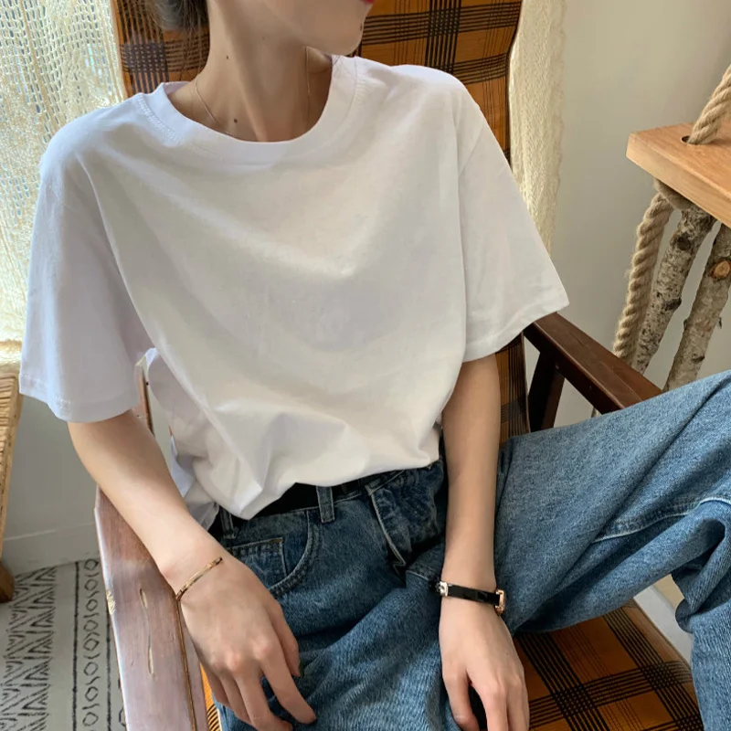 

White Short Sleeve T-shirt Women's Summer Clothes 2021 New Inner Bottom Shirt Super Fire Loose Korean Clothes