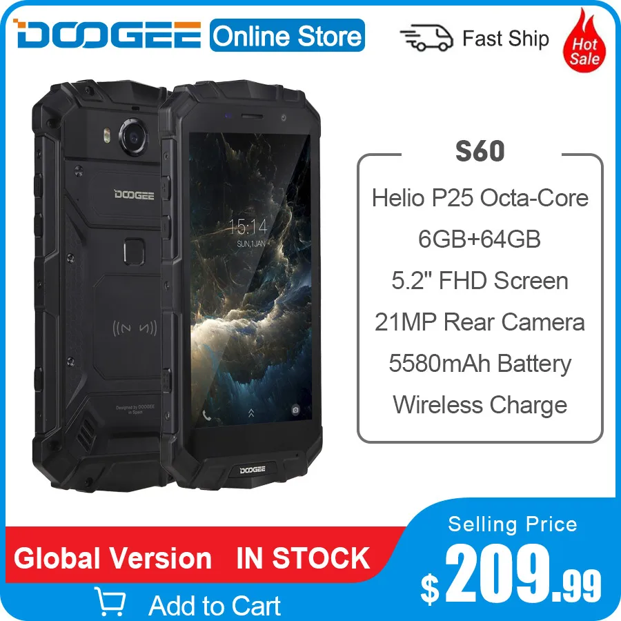 DOOGEE S60 IP68 Беспроводная зарядка NFC 5580 мАч 12V2A Быстрая 5 2 ''FHD Helio P25 Восьмиядерный RAM