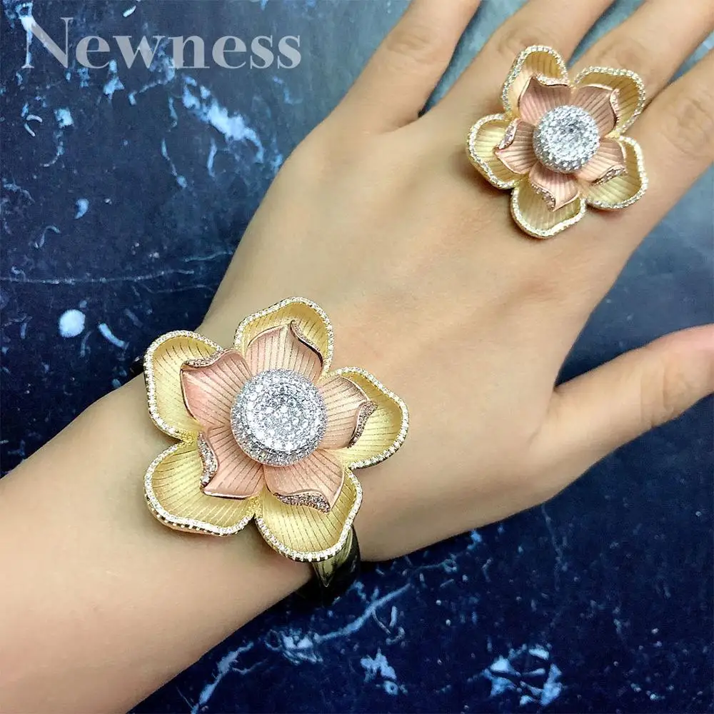 

Newness Luxury Flower Cluster Bangle Ring Sets Fashion Dubai Bridal Jewelry Sets For Women Wedding brincos para as mulheres