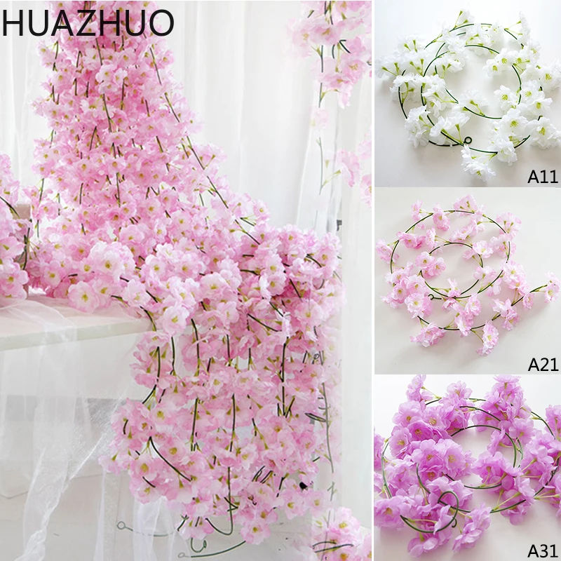 

200cm Sakura Cherry Rattan Wedding Arch Decoration Vine Artificial Flowers Home Party Decor Silk Ivy Wall Hanging Garland Wreath