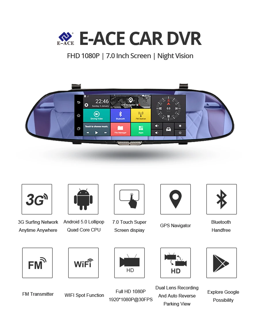 E-ACE D01 gps навигация трекер Автомобильный видеорегистратор 3g Wifi камера " сенсорный экран Android навигаторы 1080P видео рекордер зеркало заднего вида