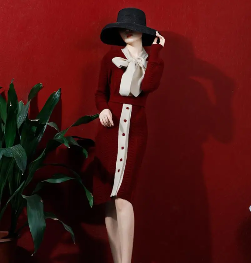 

2019 basic Women bow Split Dress long sleeve Slim Knitted Button Dress Long Stretch Ladies office winter autumn dress