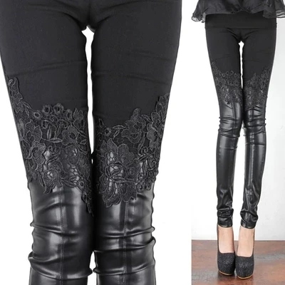 Autumn Winter Women Slim Pu Leather Pants Female Patchwork Lace Leggings Fashion Sexy Pencil Trousers | Женская одежда