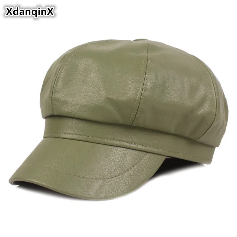 

XdanqinX Women's PU Faux Leather Newsboy Caps Elegant Lady Fashion Brands Cap Women Autumn Winter Hats Snapback Hat Student Cap