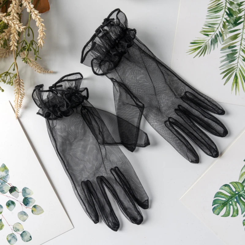 

1 Pairs Women Gloves Lace Full Finger Gloves Short Tulle Gloves Etiquette Gloves Stretchy Lotus Leaf Sheers Black Mittens
