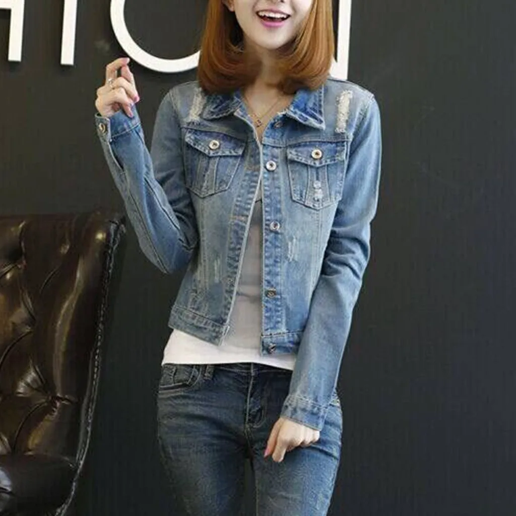Женская модная Повседневная джинсовая куртка на пуговицах с отворотом винтажные