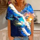 Женская футболка с принтом дельфина, летняя женская Повседневная модная свободная футболка с V-образным вырезом и коротким рукавом, топы с принтом морских животных, женская одежда