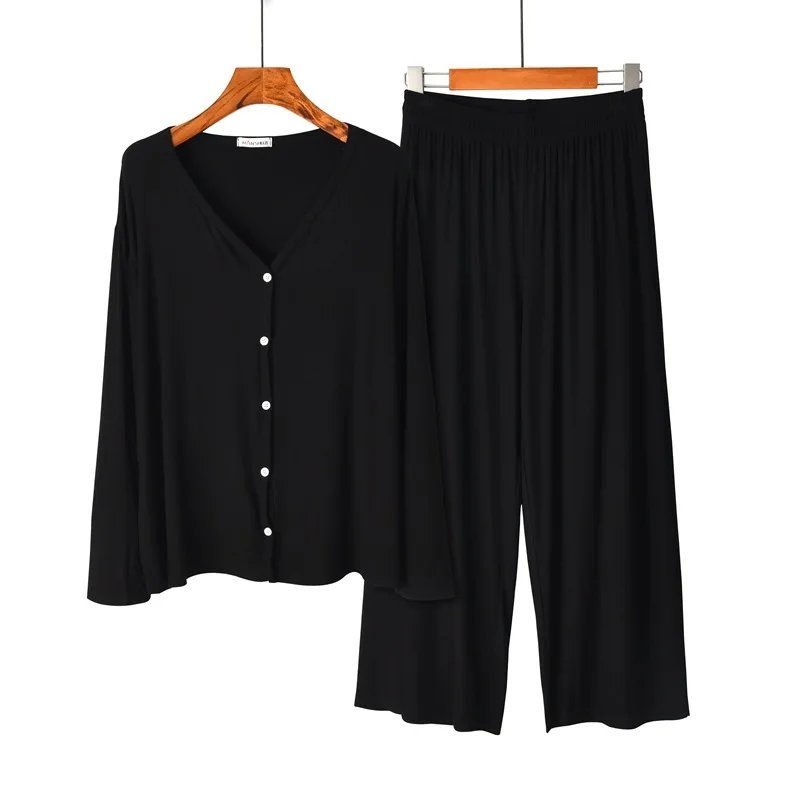 Spring Autumn New Cardigan Wide Leg Pants Women's Pajamas Korean Version Thin Large Loose 2Pcs Set Female Sleepwear Homewear