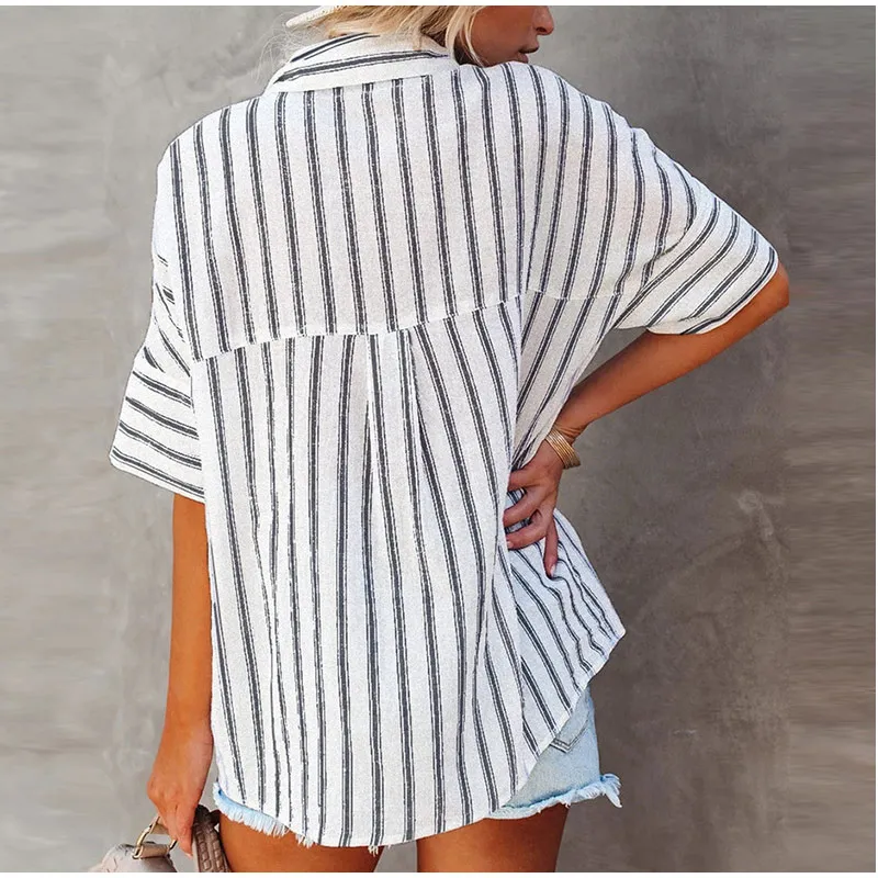 

Summer Stripe Women Shirt 2021 Turndown Collar Breasted Loose Shirt Solid Color Casual Single Short Sleeve Tops Female Blouses