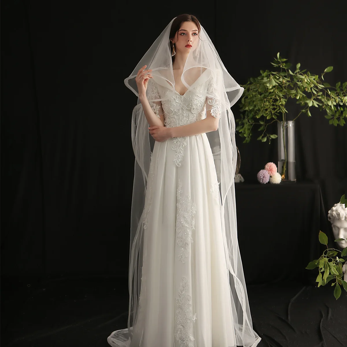 

MYFEIVO New Handmade Bridal Veil Double-layer Elastic Mesh Long Tail Wedding Headdress 150x230cm HQ1492